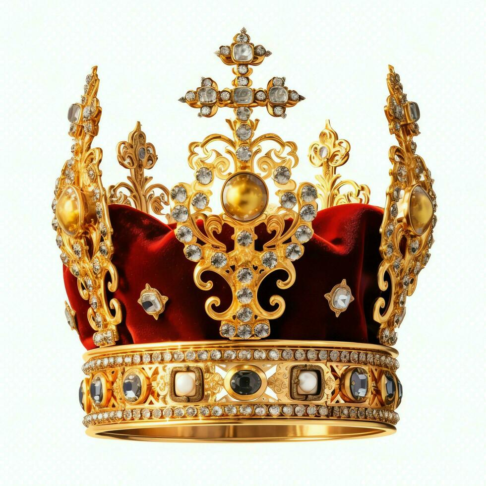 Regal golden emperor crown of a king on white background. 3D rendering luxury royal king gold crown concept by AI Generated photo