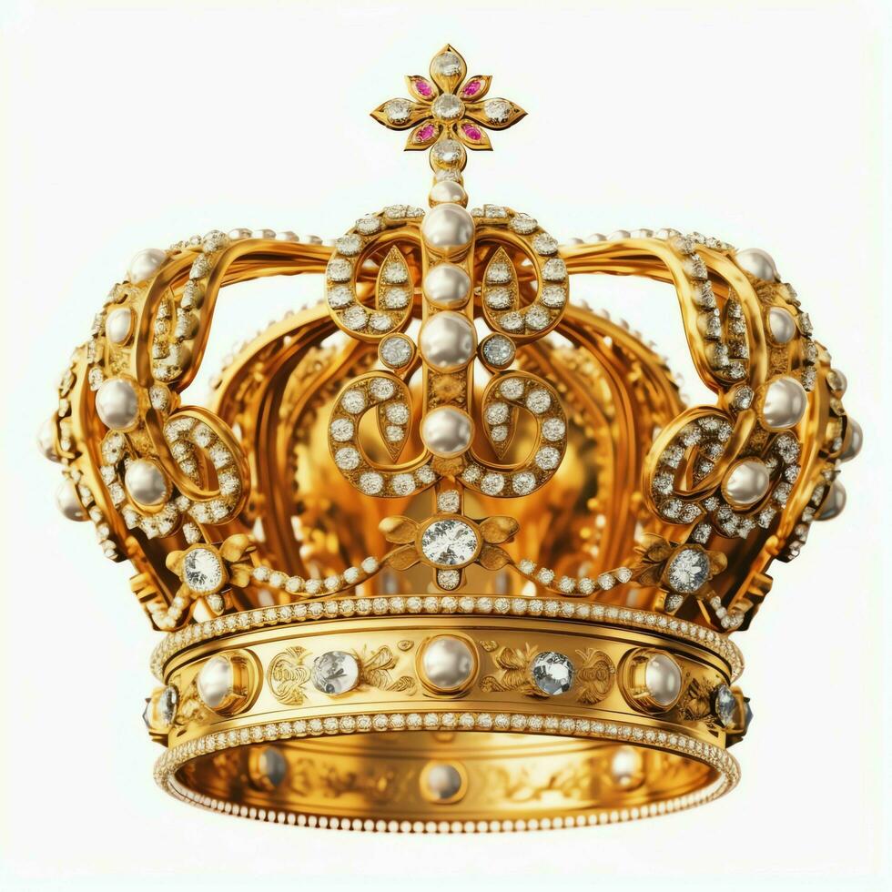 Regal golden emperor crown of a king on white background. 3D rendering luxury royal king gold crown concept by AI Generated photo