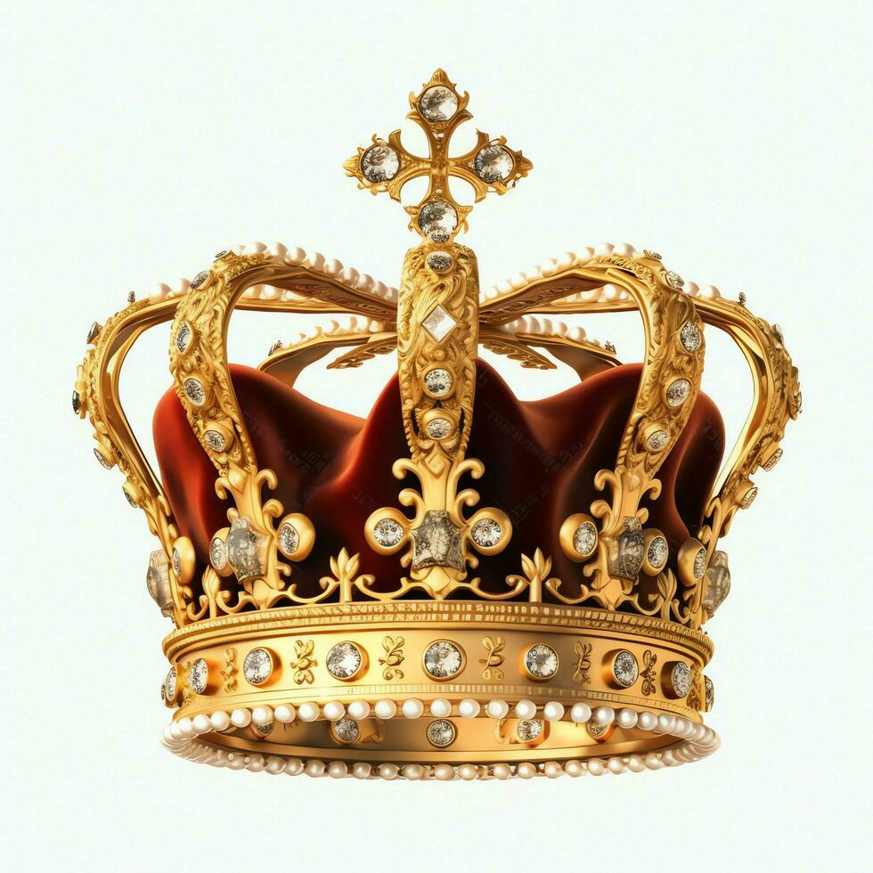 Regal golden emperor crown of a king on white background. 3D rendering luxury royal king gold crown concept by AI Generated photo