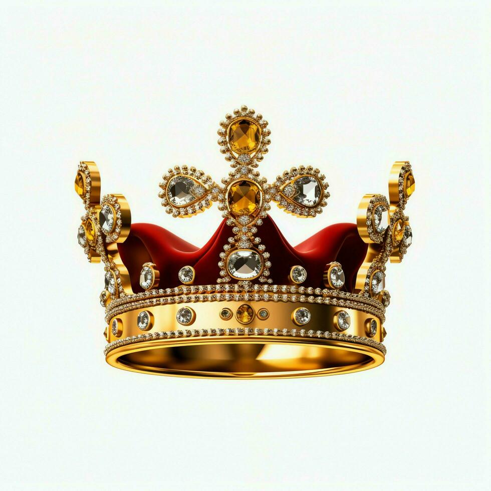 Regal golden emperor crown of a king on white background. 3D rendering luxury royal king gold crown concept by AI Generated photo