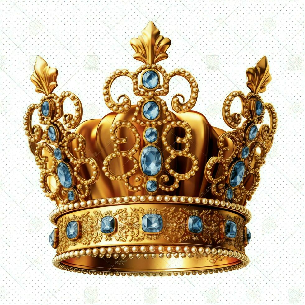 Regal golden emperor crown of a king on white background. 3D rendering luxury royal king gold crown concept by AI Generated photo