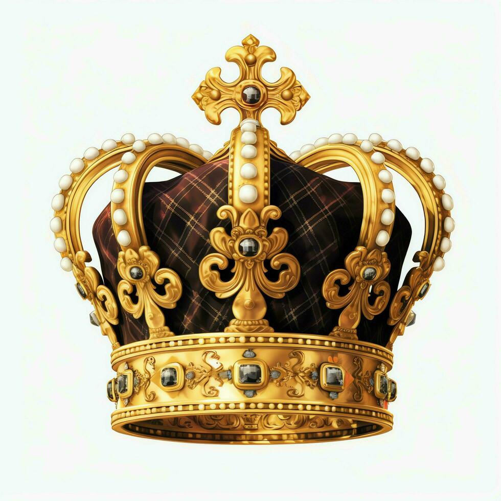 Regal golden emperor crown of a king on white background. 3D rendering luxury royal king gold crown concept by AI Generated photo