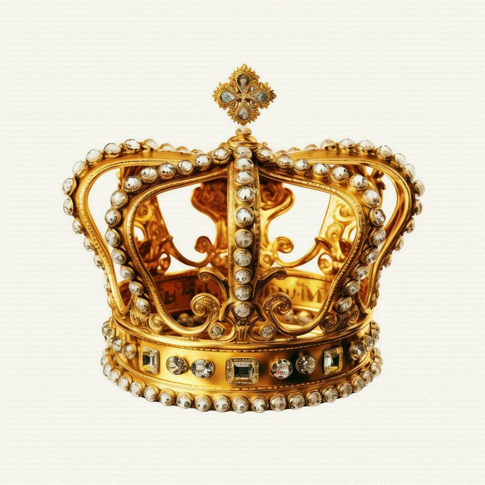 Regal golden emperor crown of a king on white background. 3D rendering luxury royal king gold crown concept by AI Generated photo