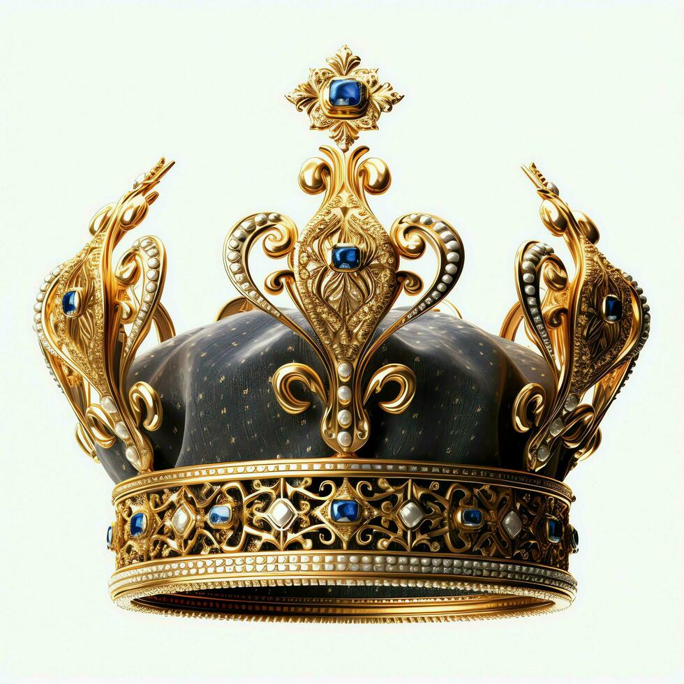 Regal golden emperor crown of a king on white background. 3D rendering luxury royal king gold crown concept by AI Generated photo