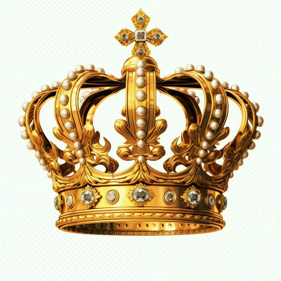 Regal golden emperor crown of a king on white background. 3D rendering luxury royal king gold crown concept by AI Generated photo
