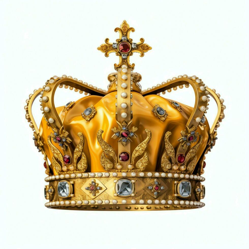 Regal golden emperor crown of a king on white background. 3D rendering luxury royal king gold crown concept by AI Generated photo