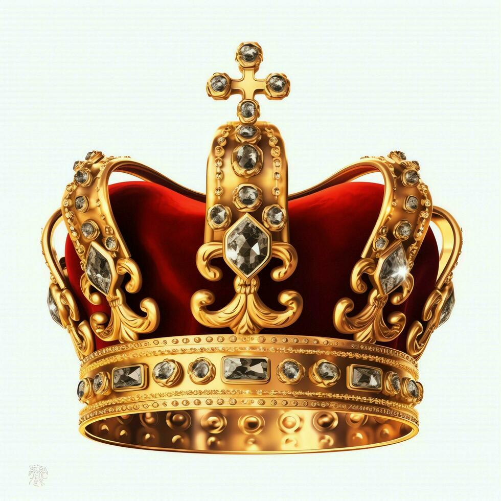 Regal golden emperor crown of a king on white background. 3D rendering luxury royal king gold crown concept by AI Generated photo