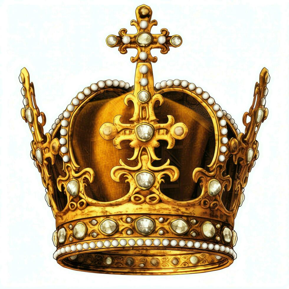 Regal golden emperor crown of a king on white background. 3D rendering luxury royal king gold crown concept by AI Generated photo