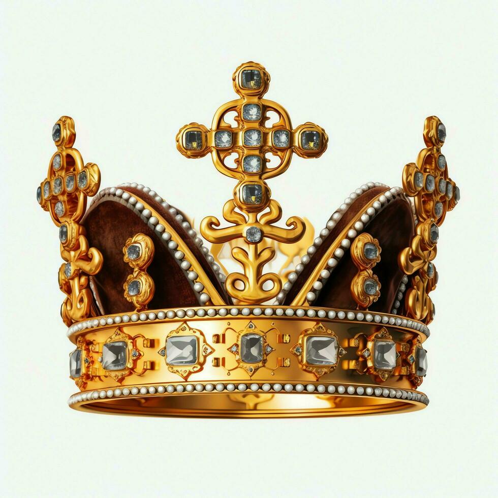 Regal golden emperor crown of a king on white background. 3D rendering luxury royal king gold crown concept by AI Generated photo