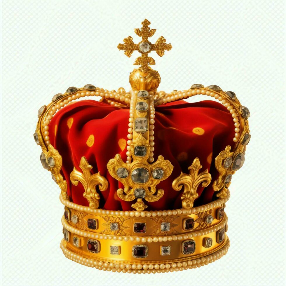 Regal golden emperor crown of a king on white background. 3D rendering luxury royal king gold crown concept by AI Generated photo