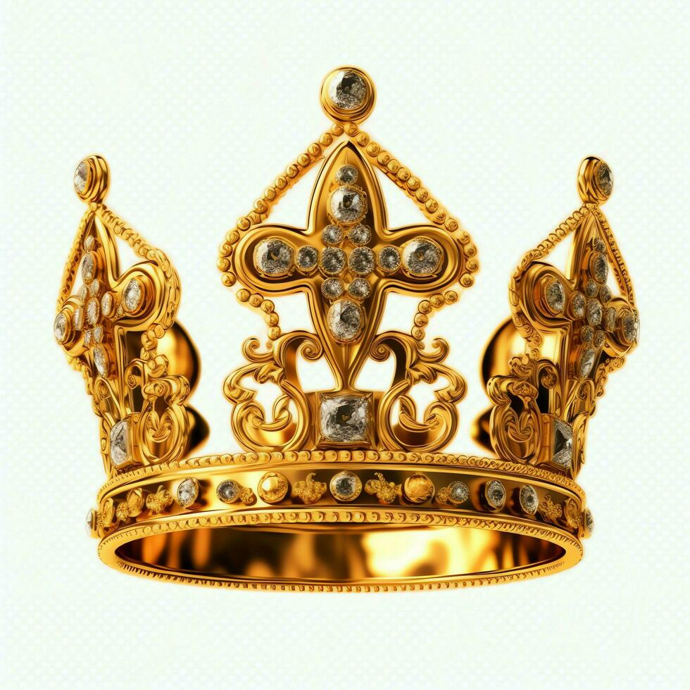 Regal golden emperor crown of a king on white background. 3D rendering luxury royal king gold crown concept by AI Generated photo