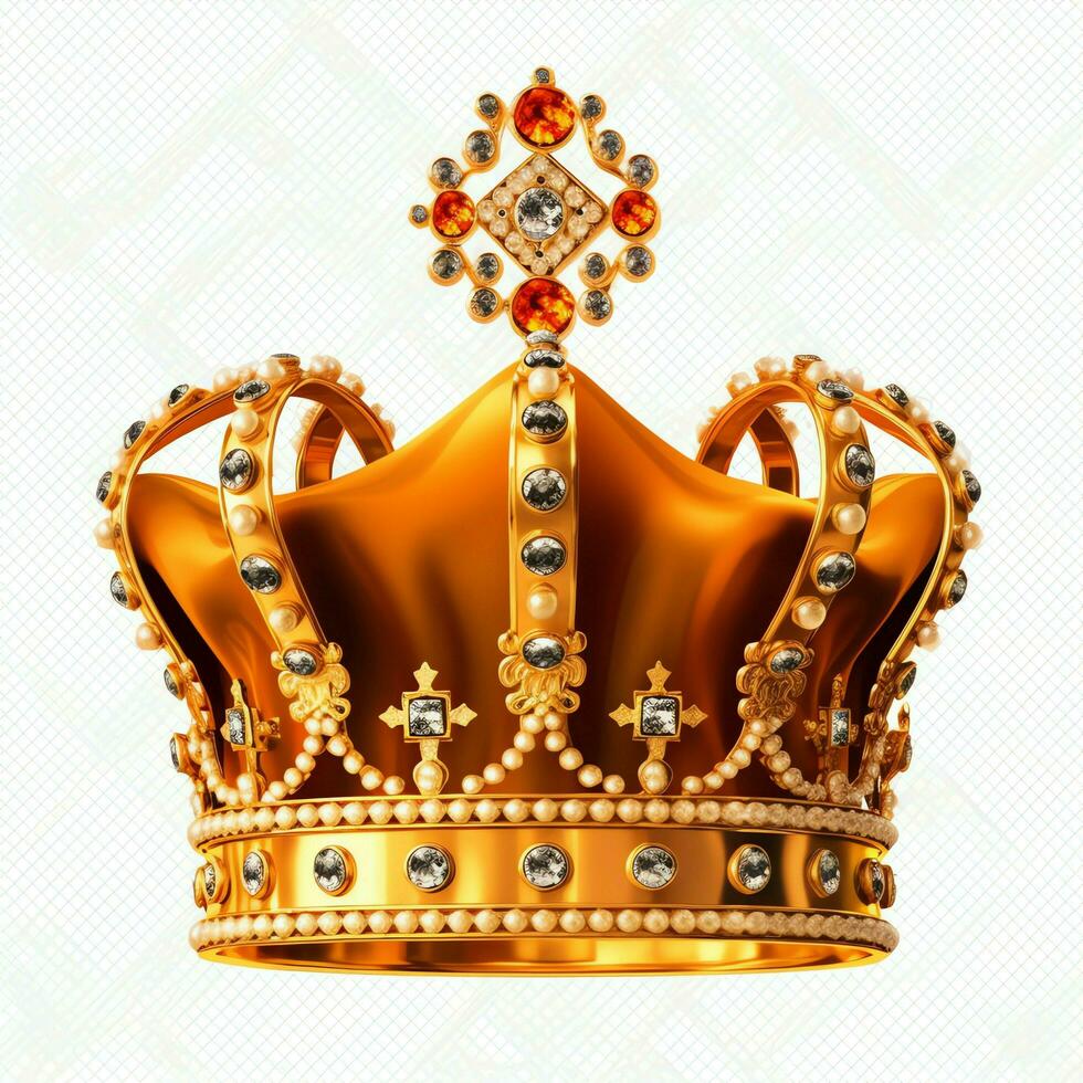 Regal golden emperor crown of a king on white background. 3D rendering luxury royal king gold crown concept by AI Generated photo