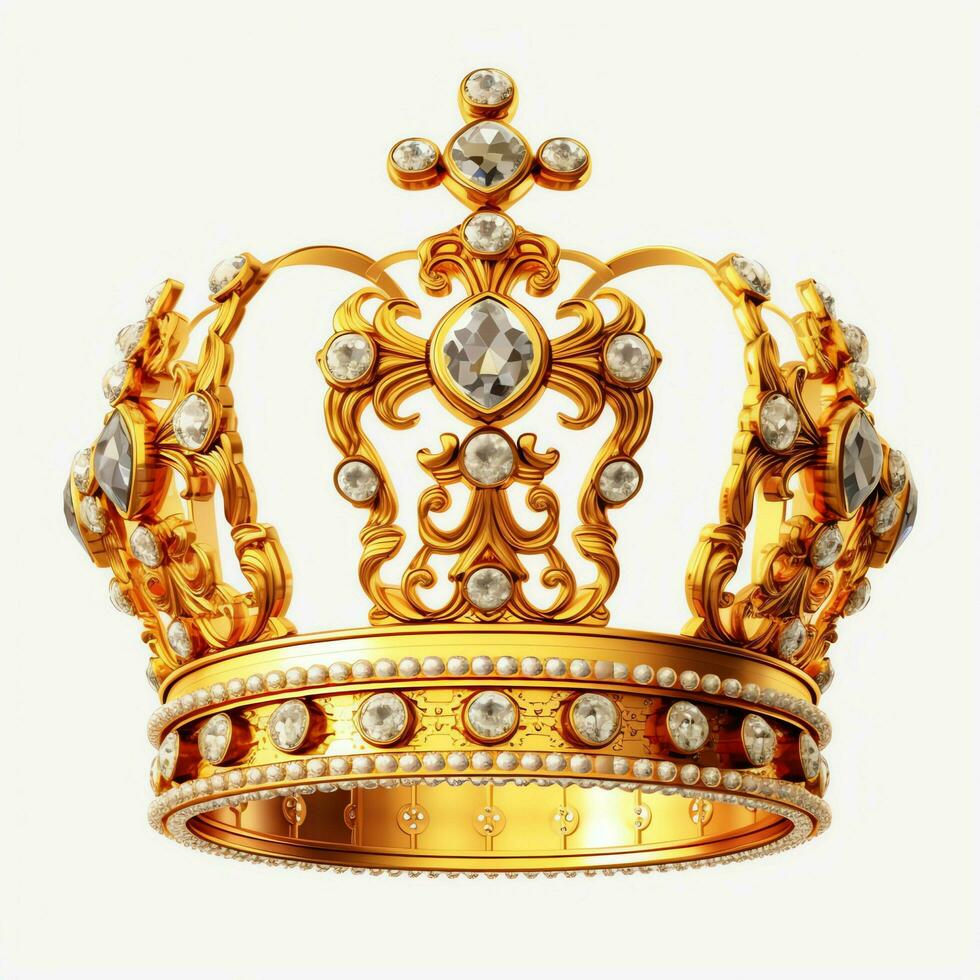 Regal golden emperor crown of a king on white background. 3D rendering luxury royal king gold crown concept by AI Generated photo