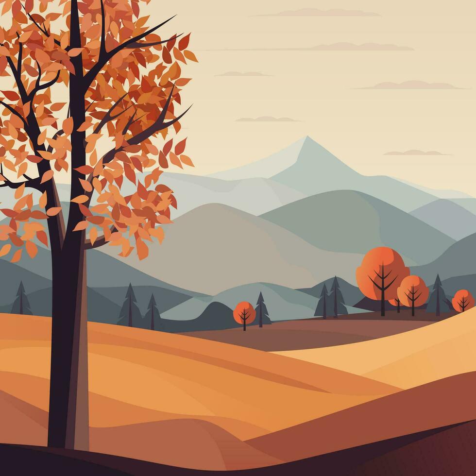 otoño Mañana paisaje vector ilustración. laminación sierras, lozano prados, y vibrante árboles, montañas en el antecedentes hacer eso ideal para carteles y pancartas celebrando el temporada no ai