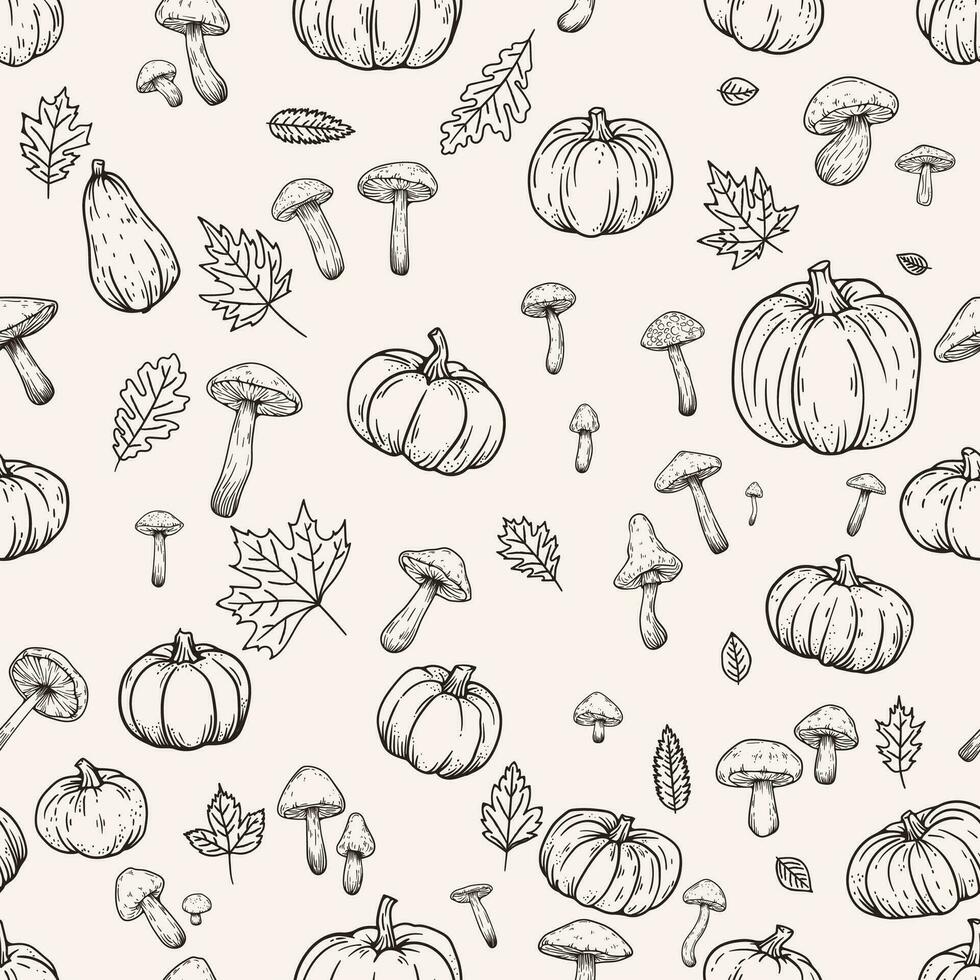 Vintage Thanksgiving autumn seamless pattern of hand drawn line sketches, cute pumpkins, oak leaves, and mushrooms. Ideal for autumn decor and retro autumn design, essence of the season. Not AI vector