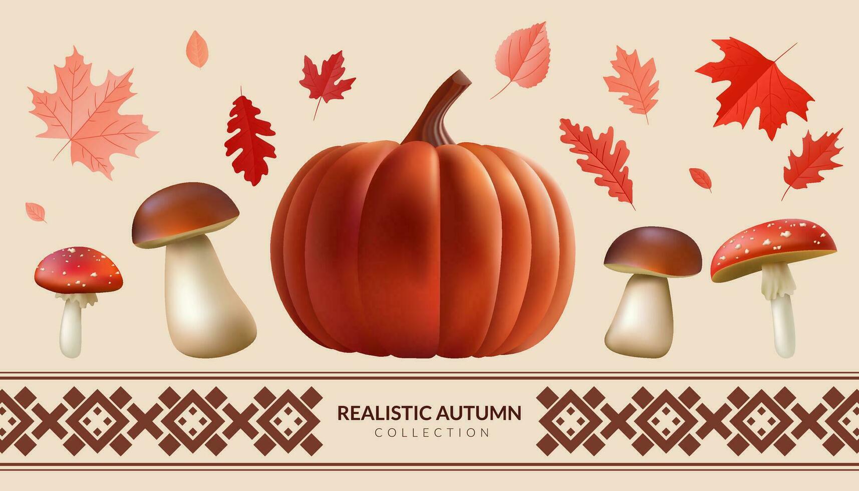 Realistic 3d autumn set of pumpkin, mushrooms, leaves. Autumn symbols collection poisoned and edible mushrooms, oak, maple red leaf. Design elements for fall season banners, cards, invitation. Not AI vector