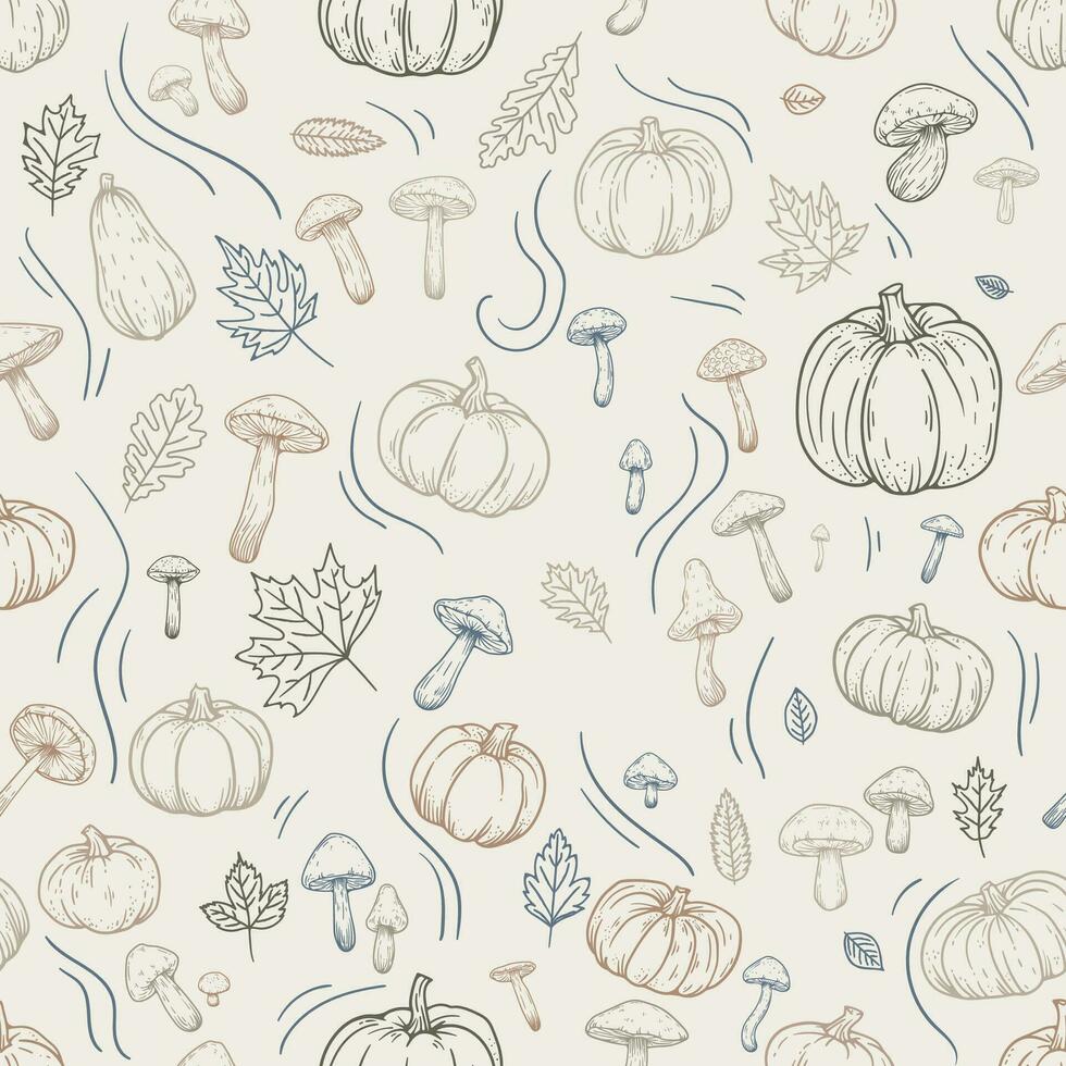 Vintage Thanksgiving autumn seamless pattern of hand drawn line sketches, cute pumpkins, oak leaves, and mushrooms. Ideal for autumn decor and retro autumn design, essence of the season. Not AI vector