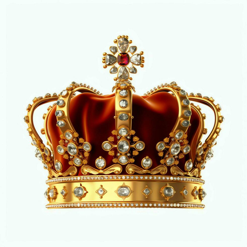 Regal golden emperor crown of a king on white background. 3D rendering luxury royal king gold crown concept by AI Generated photo