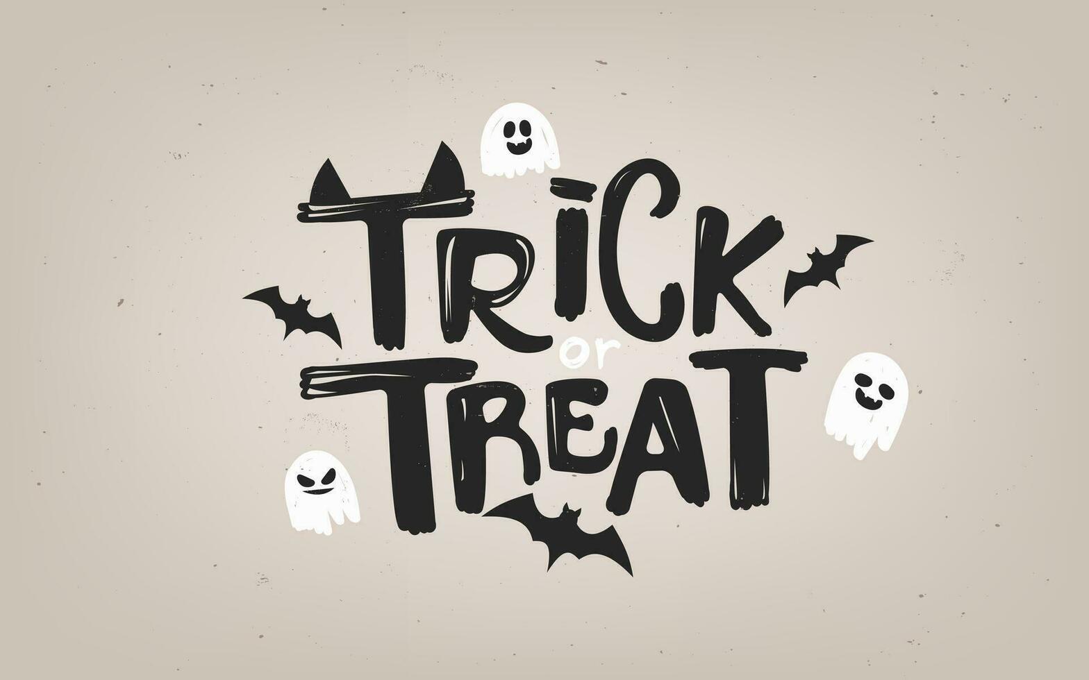 Halloween poster with Trick or Treat lettering. Hand drawn grunge bats and ghosts. Design for cards, banners, and invitations, evoking a vintage, spooky atmosphere. Not AI generated vector