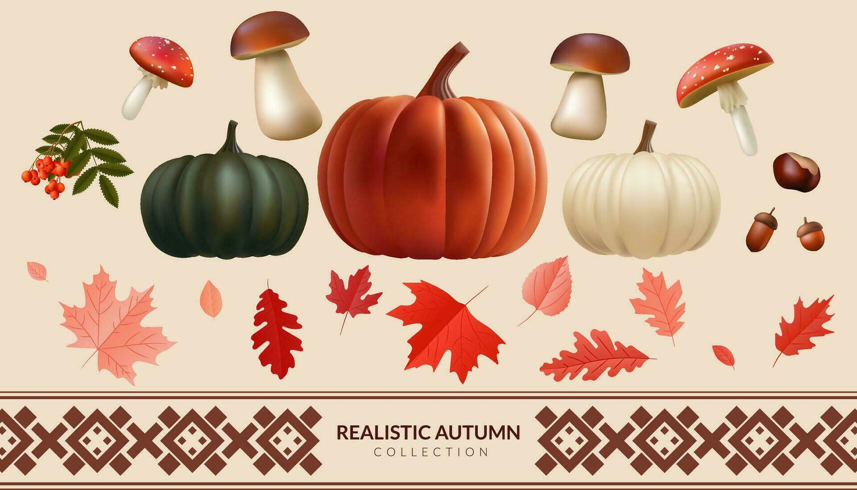 realista 3d otoño conjunto de calabazas, hongos, hojas, bellota. otoño colección envenenado y comestible hongos, roble, arce rojo hoja. diseño elementos para otoño temporada pancartas, tarjetas, invitación. no ai vector