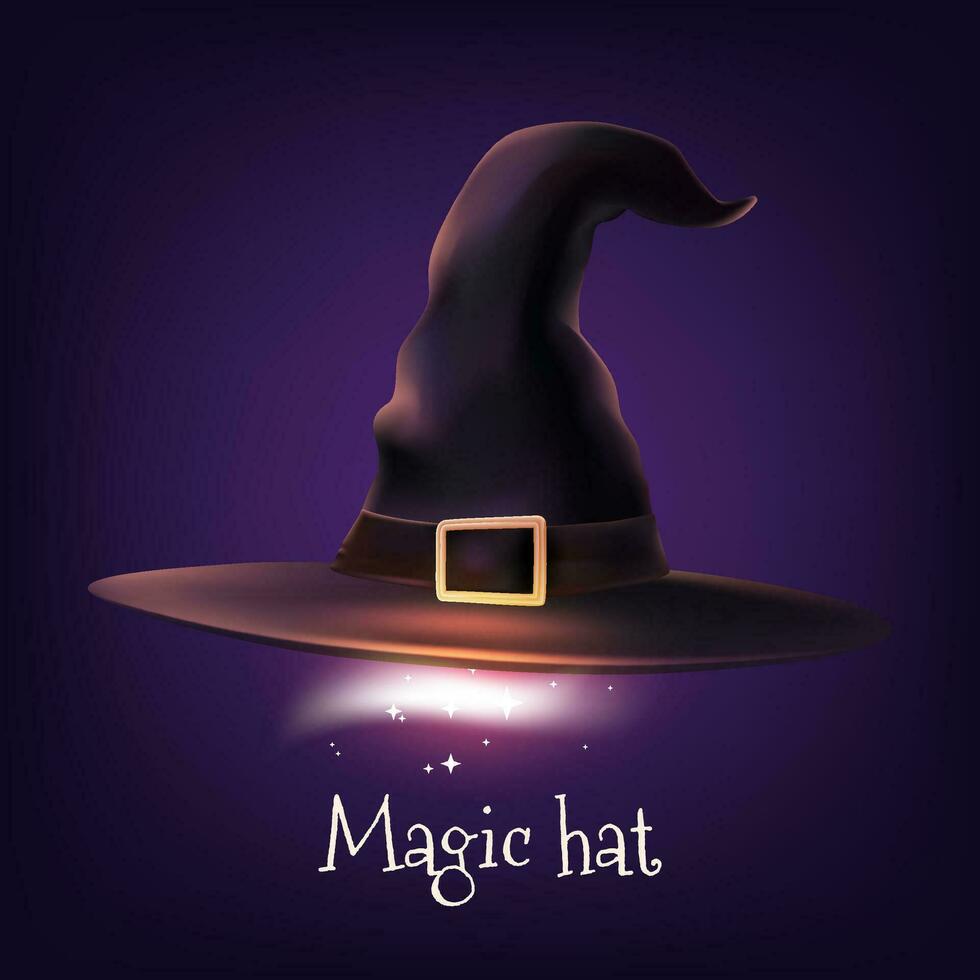 Halloween 3d illustration of a detailed, realistic spooky witch hat with magic light. Ideal for adding a touch of magic to your holiday decorations, costumes, and party themes. Not AI generated. vector