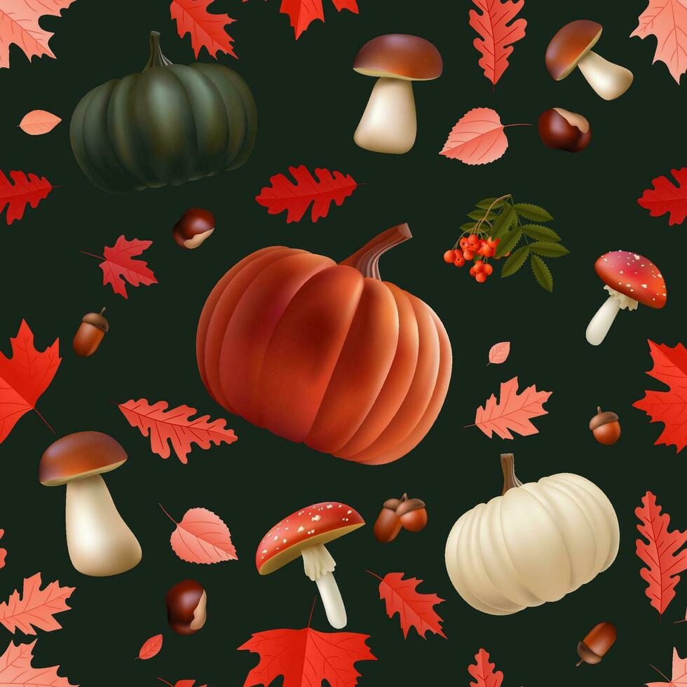 Realistic pumpkins, leaves, mushroom, acorn, chestnut. Autumn foliage seamless pattern vibrant and textured decoration. Perfect for textiles, wallpapers, and more. Not AI generated. vector