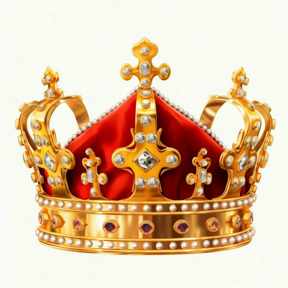 Regal golden emperor crown of a king on white background. 3D rendering luxury royal king gold crown concept by AI Generated photo