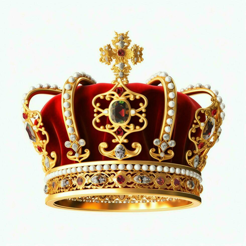 Regal golden emperor crown of a king on white background. 3D rendering luxury royal king gold crown concept by AI Generated photo