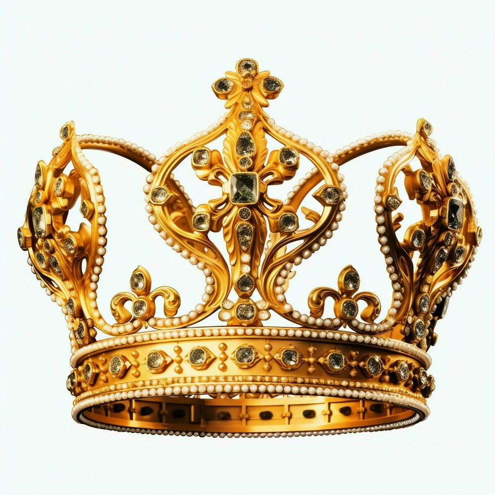 Regal golden emperor crown of a king on white background. 3D rendering luxury royal king gold crown concept by AI Generated photo