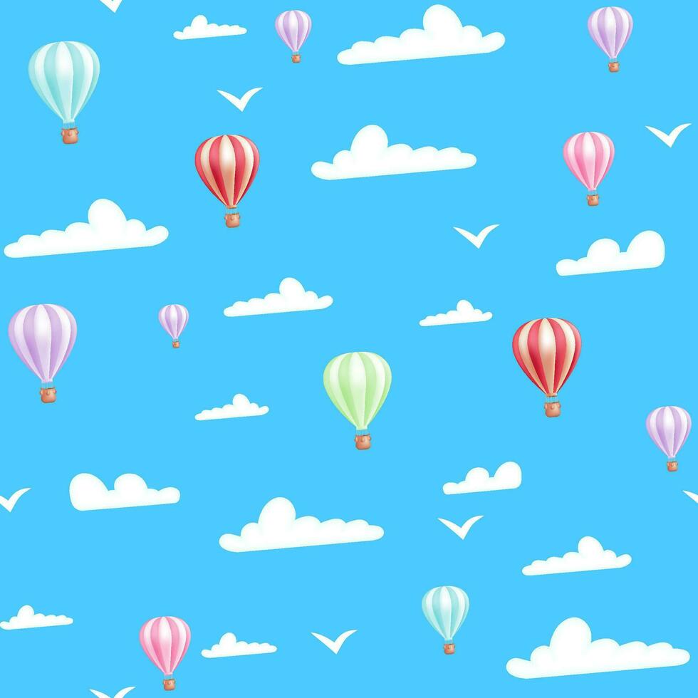 A seamless pattern featuring a cheerful sky, balloons, birds and clouds, perfect for a playful and colorful design. Ideal for children decor and more. Not AI generated. vector