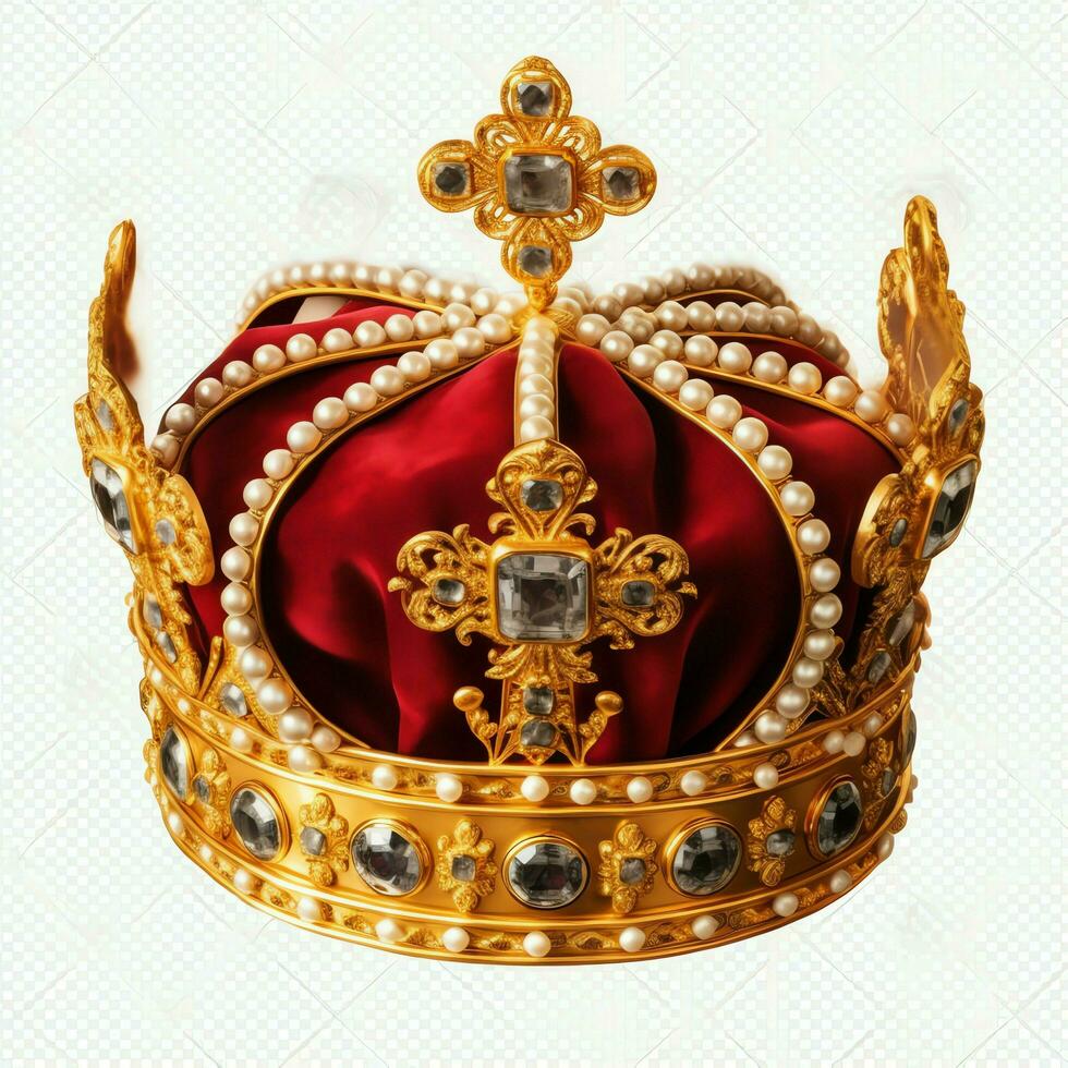 Regal golden emperor crown of a king on white background. 3D rendering luxury royal king gold crown concept by AI Generated photo