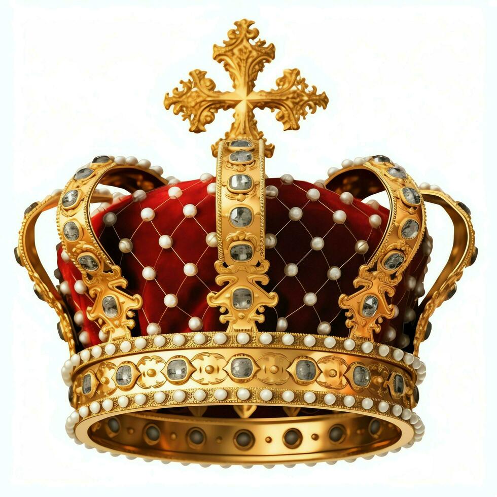 Regal golden emperor crown of a king on white background. 3D rendering luxury royal king gold crown concept by AI Generated photo