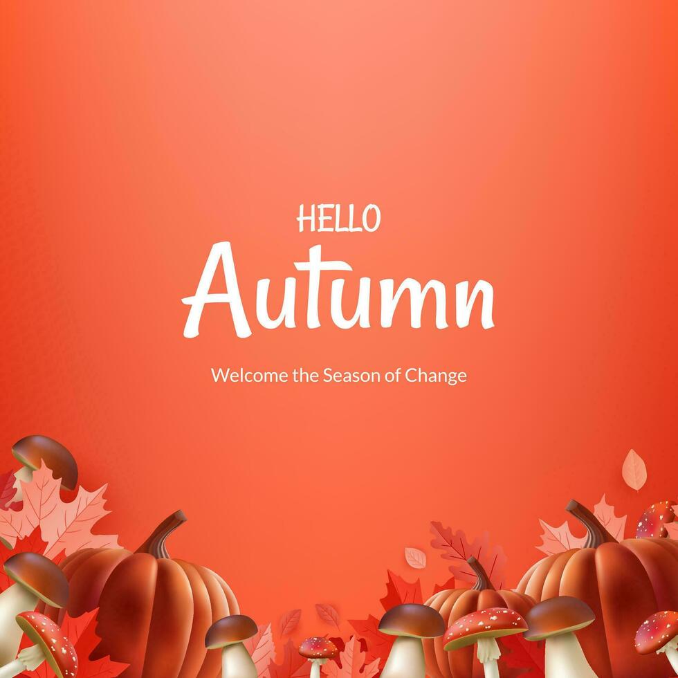 Banner Hello Autumn. Featuring realistic illustrations of leaves, pumpkins, mushrooms, acorns, chestnut, it's perfect for creating a warm and seasonal atmosphere. Not AI generated. vector