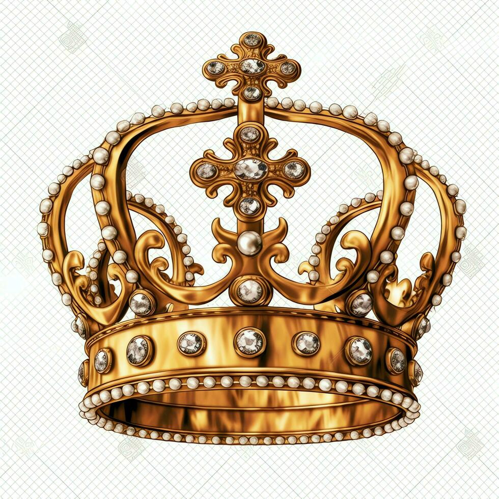 Regal golden emperor crown of a king on white background. 3D rendering luxury royal king gold crown concept by AI Generated photo