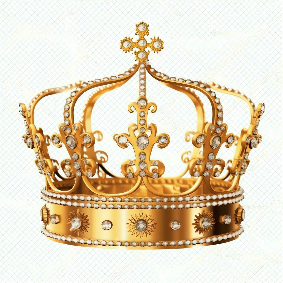 Regal golden emperor crown of a king on white background. 3D rendering luxury royal king gold crown concept by AI Generated photo