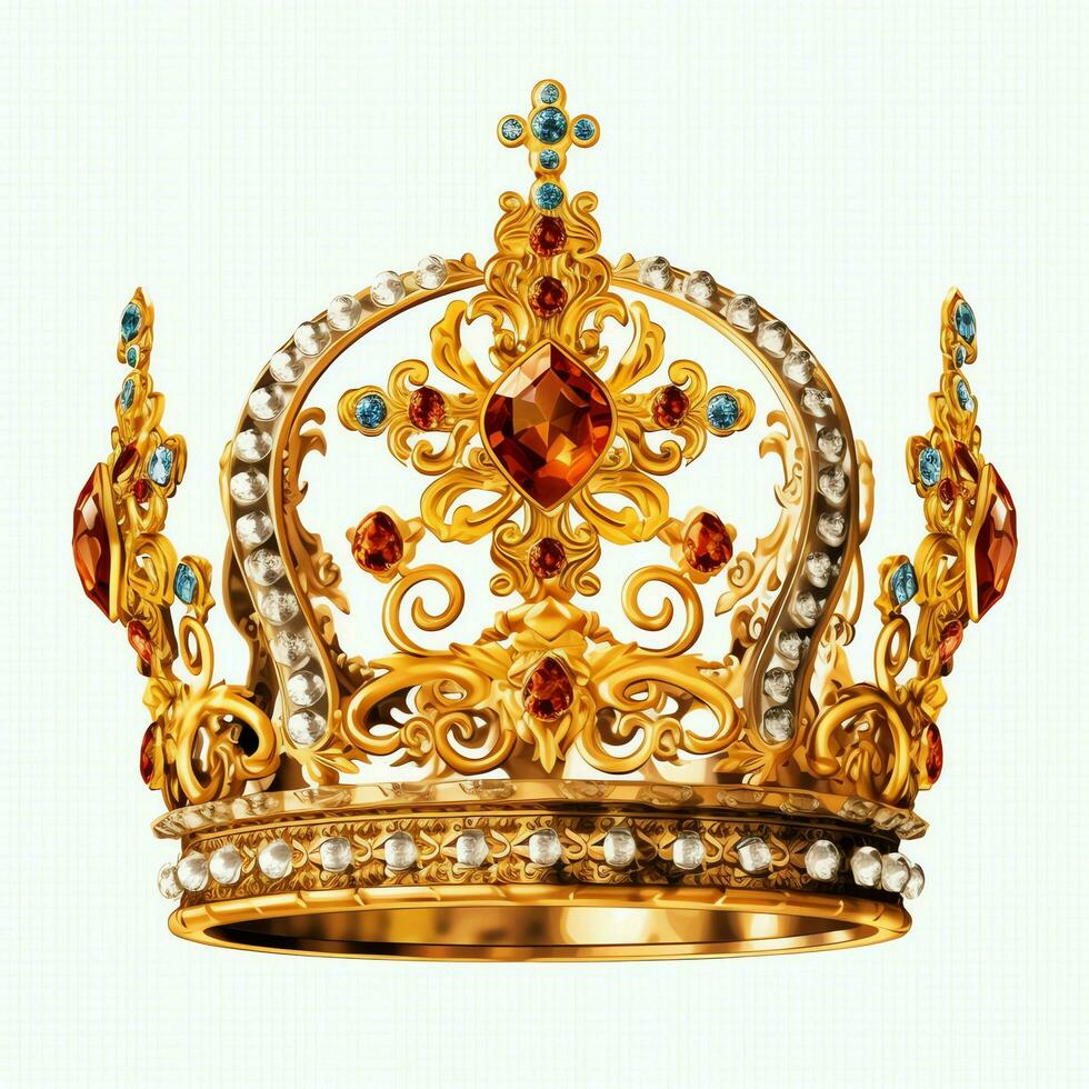 Regal golden emperor crown of a king on white background. 3D rendering luxury royal king gold crown concept by AI Generated photo