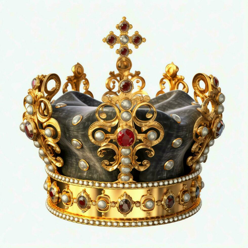 Regal golden emperor crown of a king on white background. 3D rendering luxury royal king gold crown concept by AI Generated photo