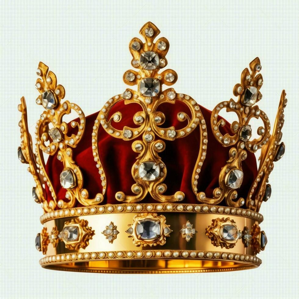 Regal golden emperor crown of a king on white background. 3D rendering luxury royal king gold crown concept by AI Generated photo
