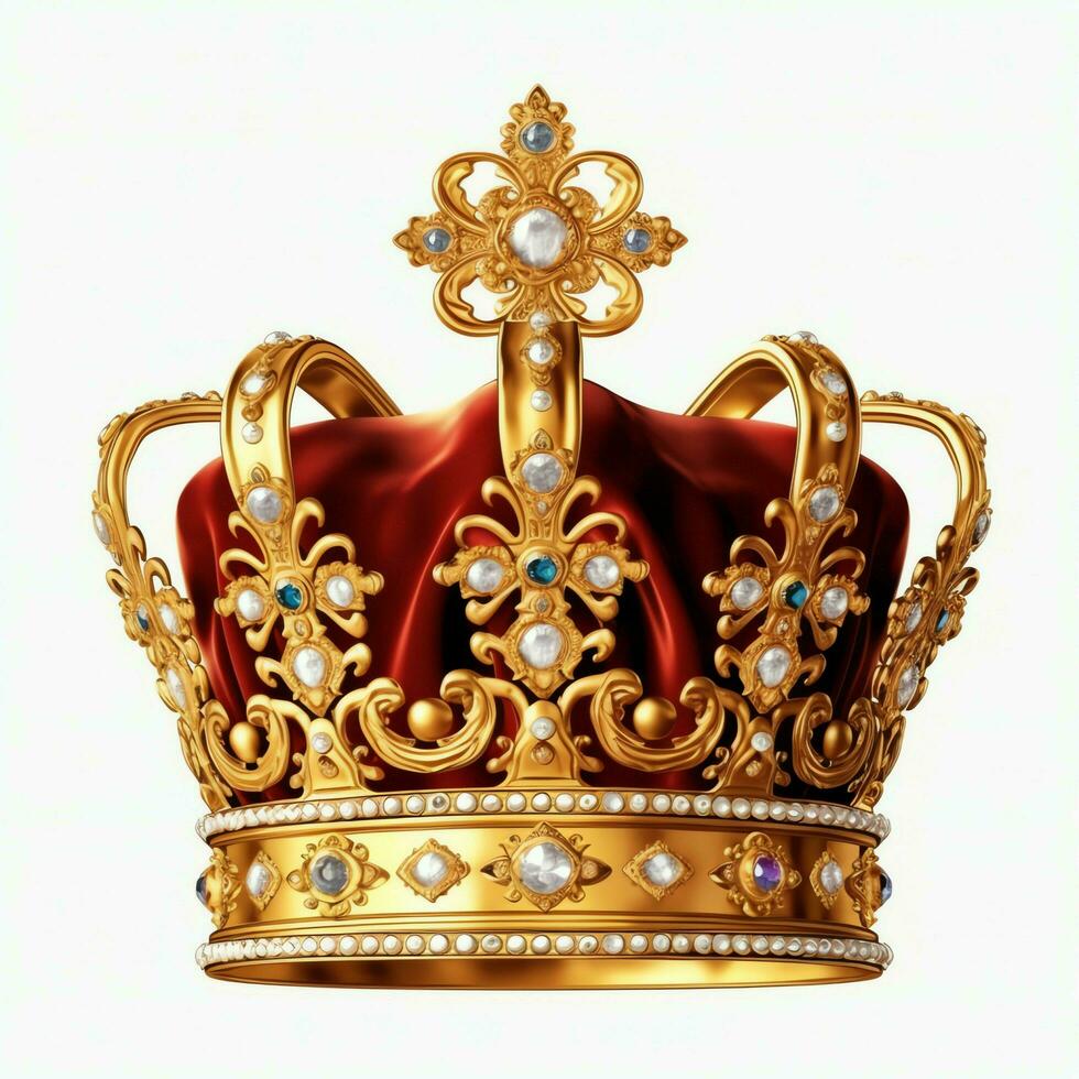 Regal golden emperor crown of a king on white background. 3D rendering luxury royal king gold crown concept by AI Generated photo