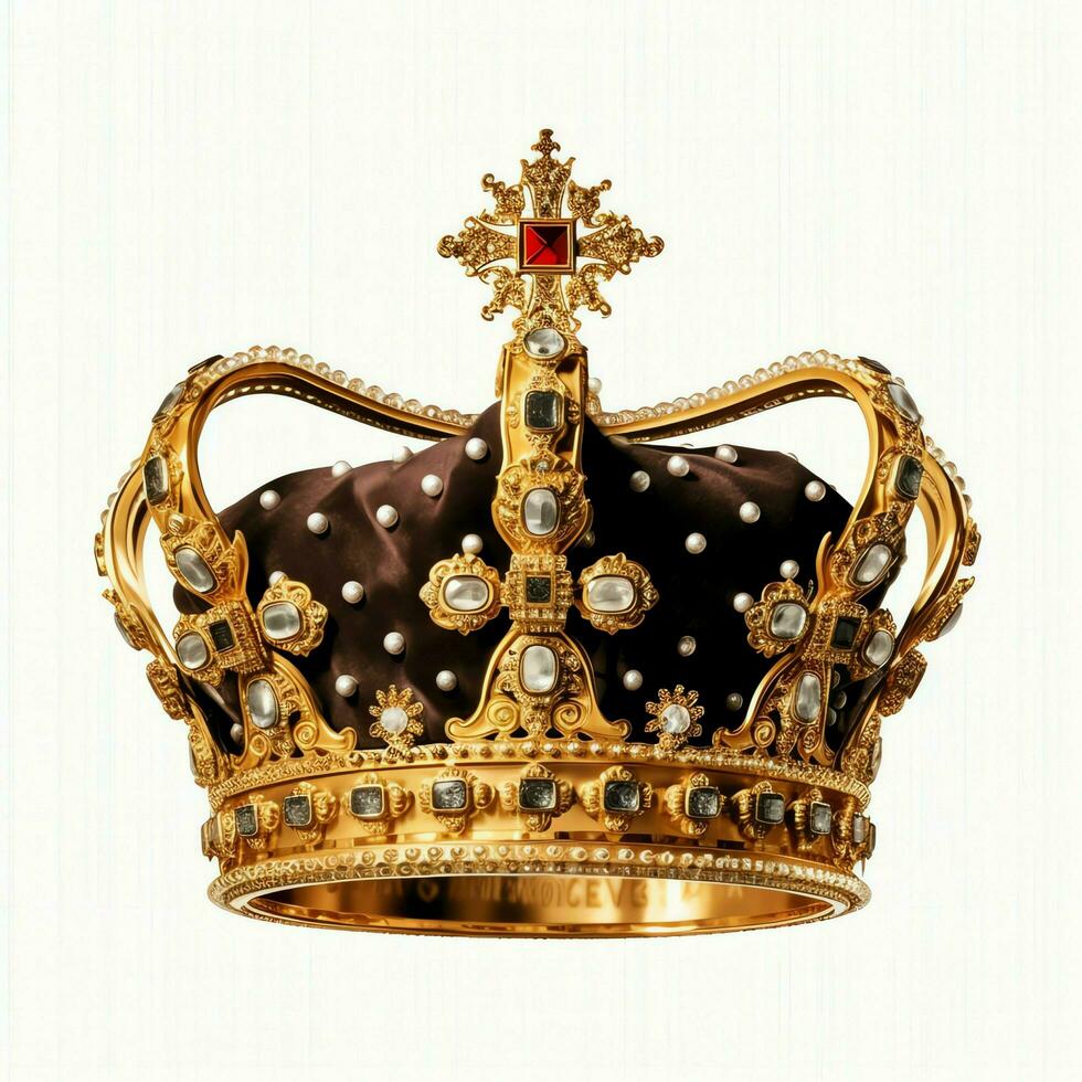 Regal golden emperor crown of a king on white background. 3D rendering luxury royal king gold crown concept by AI Generated photo