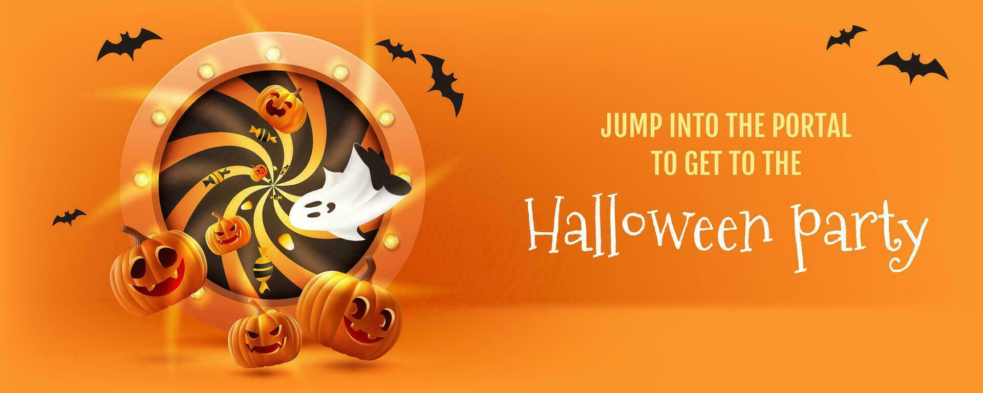 Happy Halloween vector stage 3d illustration. Featuring a spooky banner design with pumpkins, bats, ghost and a unique spiral shape, it's perfect for holiday promotions and sales. Not AI generated.