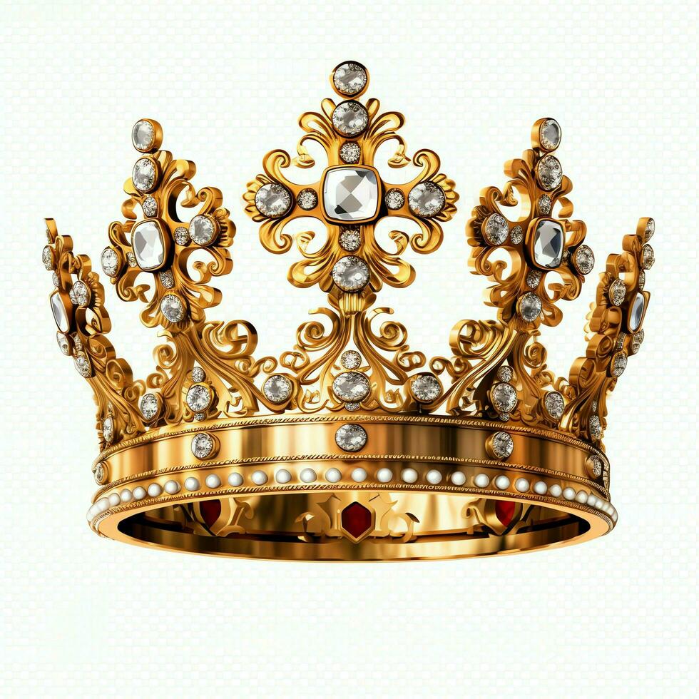 Regal golden emperor crown of a king on white background. 3D rendering luxury royal king gold crown concept by AI Generated photo
