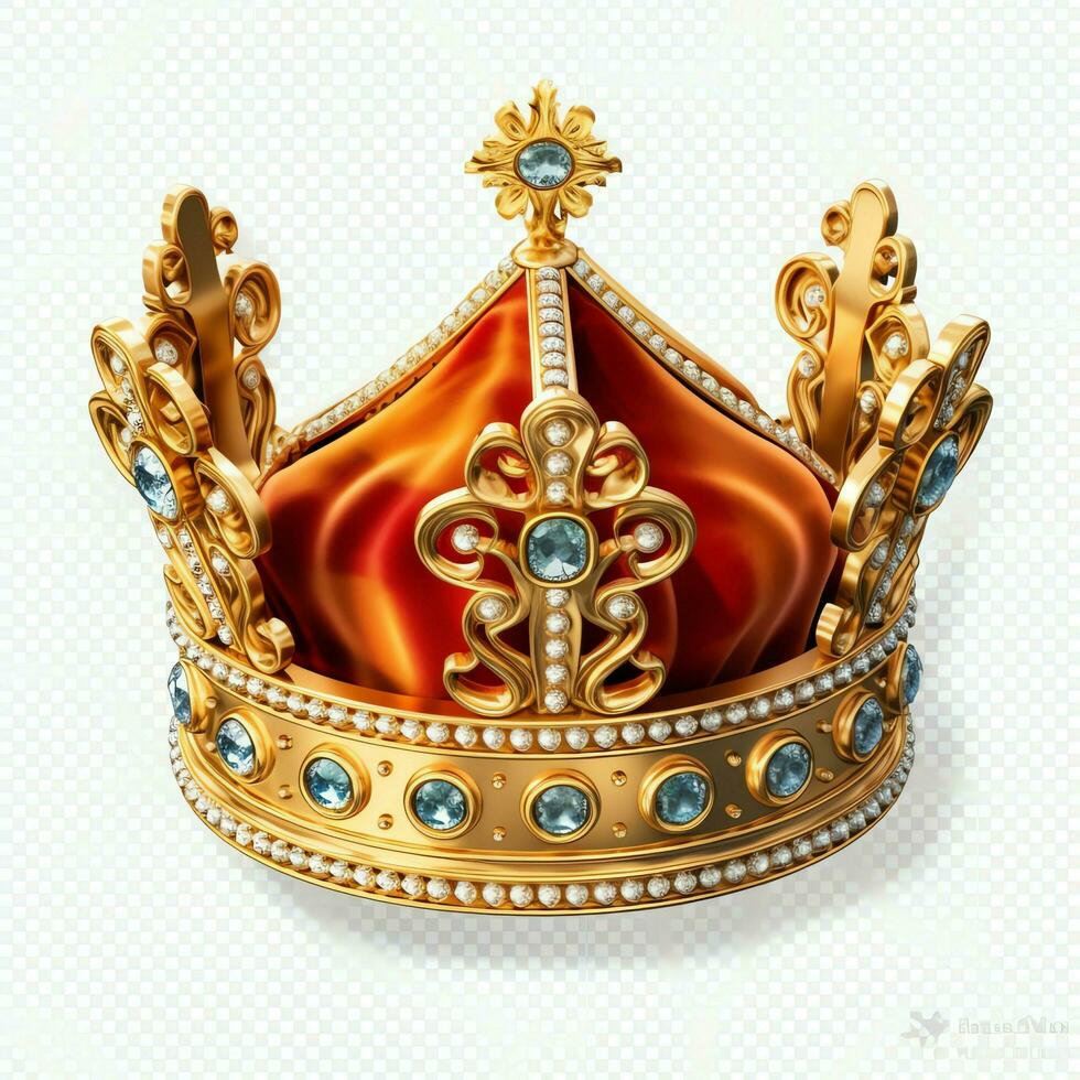 Regal golden emperor crown of a king on white background. 3D rendering luxury royal king gold crown concept by AI Generated photo