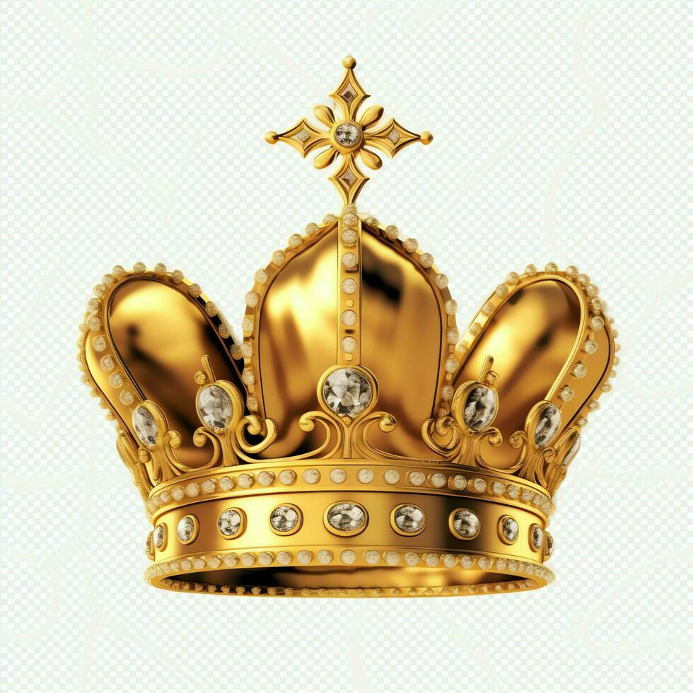 Regal golden emperor crown of a king on white background. 3D rendering luxury royal king gold crown concept by AI Generated photo