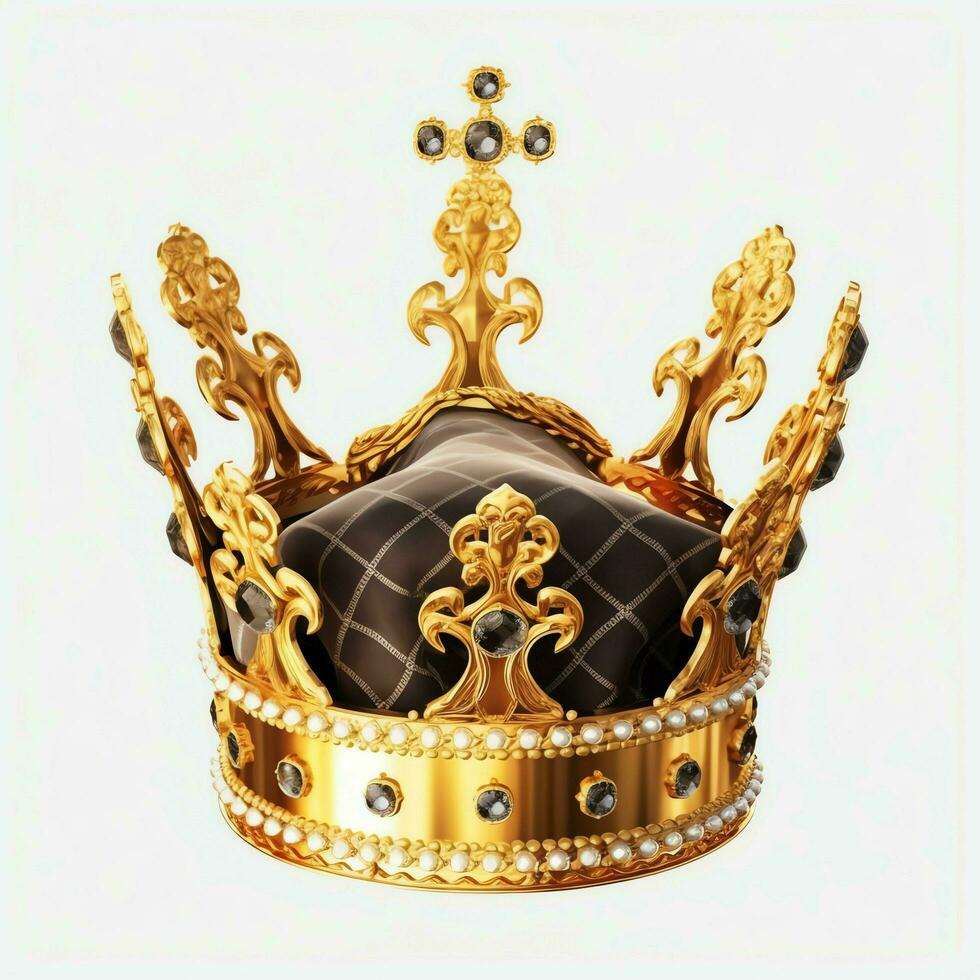 Regal golden emperor crown of a king on white background. 3D rendering luxury royal king gold crown concept by AI Generated photo