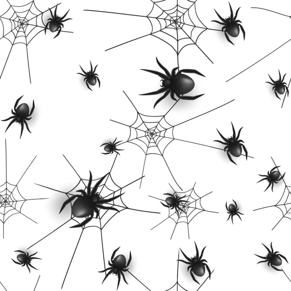 Happy Halloween design vector seamless pattern. Featuring spiderwebs and spooky 3d spiders on a white background, it adds a touch of eerie elegance to your project. Not AI generated.