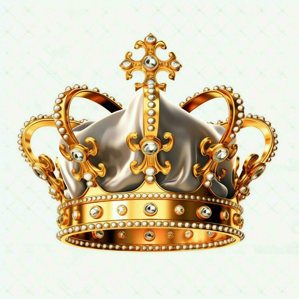 Regal golden emperor crown of a king on white background. 3D rendering luxury royal king gold crown concept by AI Generated photo