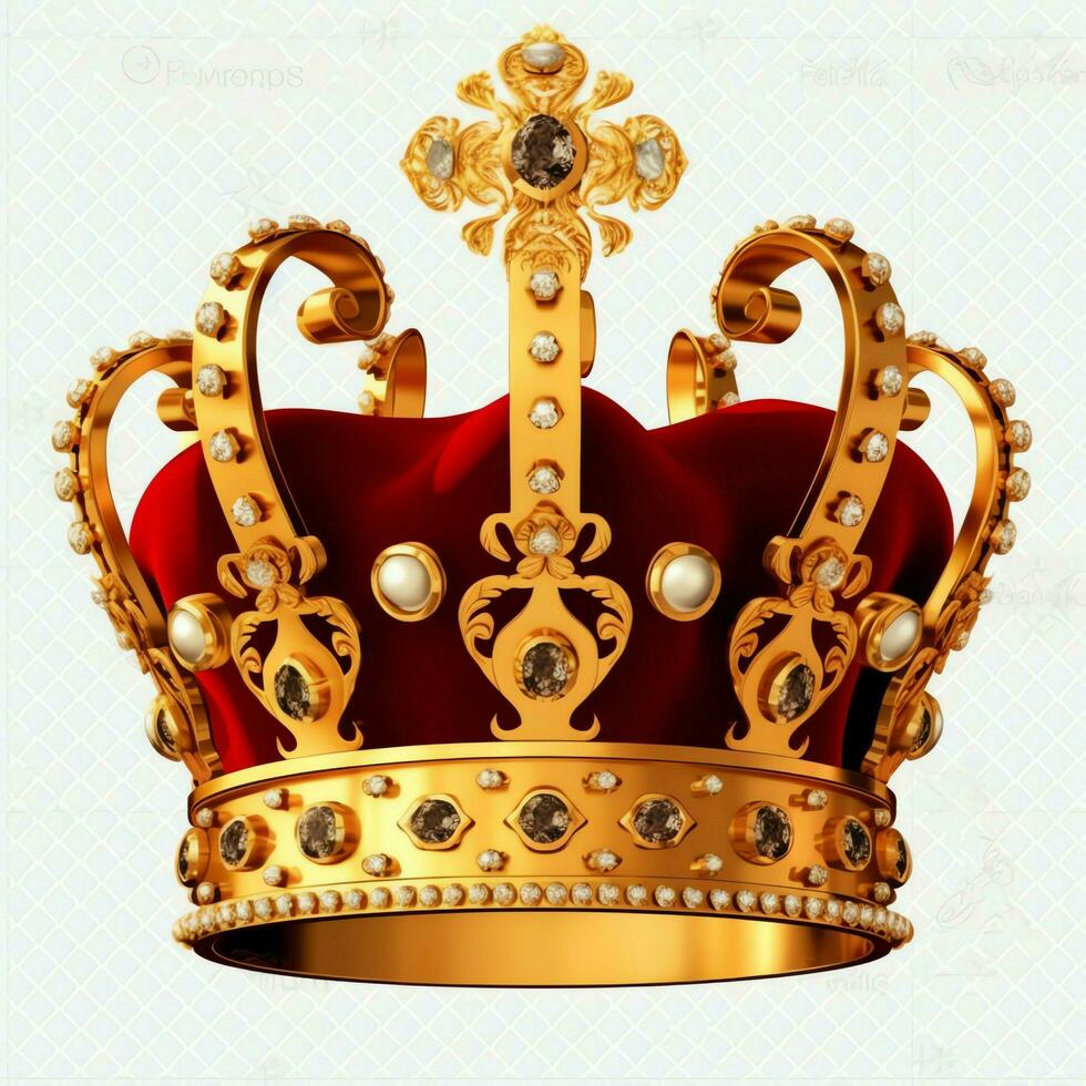 Regal golden emperor crown of a king on white background. 3D rendering luxury royal king gold crown concept by AI Generated photo