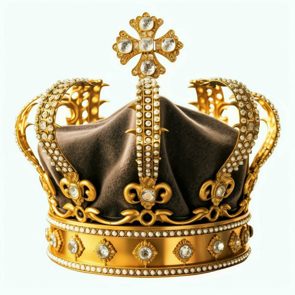 Regal golden emperor crown of a king on white background. 3D rendering luxury royal king gold crown concept by AI Generated photo