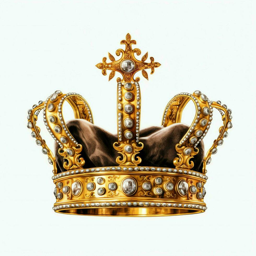 Regal golden emperor crown of a king on white background. 3D rendering luxury royal king gold crown concept by AI Generated photo